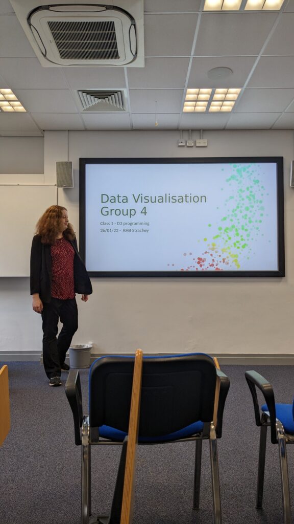 Olivia stood at the front of a classroom with a PowerPoint showing the words u0022data visualisation group 4u0022